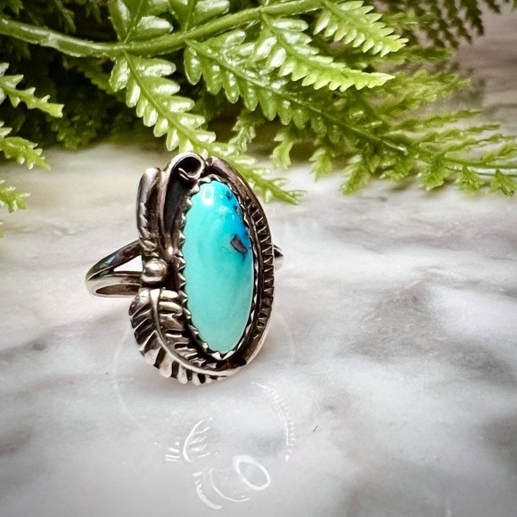 Vintage Handmade Turquoise Ring Solid 925 Sterling Silver Feather design Small - Picture 7 of 7
